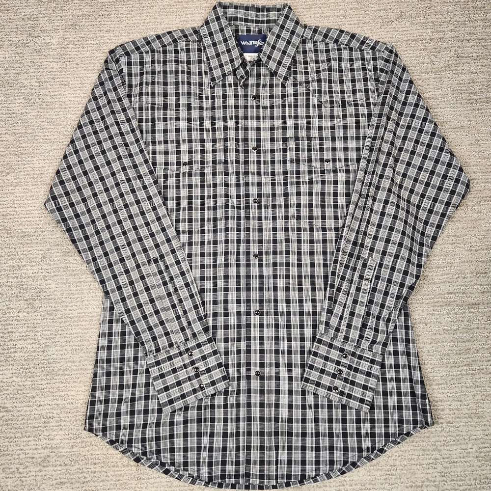 Wrangler Pearl Snap Black White Plaid Western Cowboy Mens Medium Long Sleeve